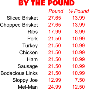 BY THE POUND 27.65 27.65 17.99 21.50 21.50 21.50 21.50 21.50 21.50 12.99 24.99 Pound 13.99 13.99 8.99 10.99 10.99 10.99 10.99 10.99 10.99 7.50 12.50 ½ Pound Sliced Brisket Chopped Brisket Ribs Pork Turkey Chicken Ham Sausage Bodacious Links Sloppy Joe Mel-Man