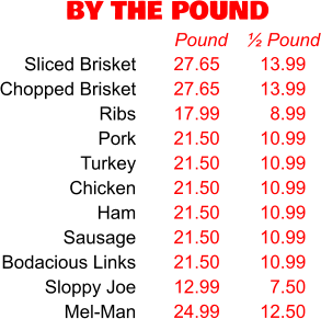BY THE POUND 27.65 27.65 17.99 21.50 21.50 21.50 21.50 21.50 21.50 12.99 24.99 Pound 13.99 13.99 8.99 10.99 10.99 10.99 10.99 10.99 10.99 7.50 12.50 ½ Pound Sliced Brisket Chopped Brisket Ribs Pork Turkey Chicken Ham Sausage Bodacious Links Sloppy Joe Mel-Man